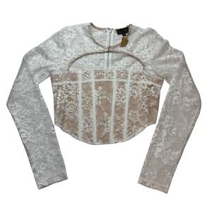 Womens White Lace Bustier Corset Top Mesh Sheer Gothic Clubwear Long Sleeve Med